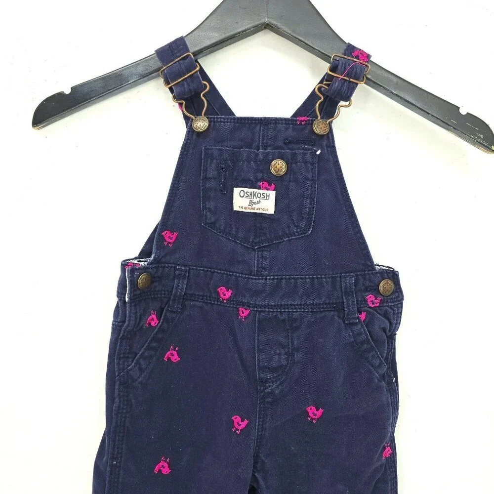 Osh Kosh Vestback Baby Navy Blue Pink Embroidered Bird Jumper Overalls 18 MOS